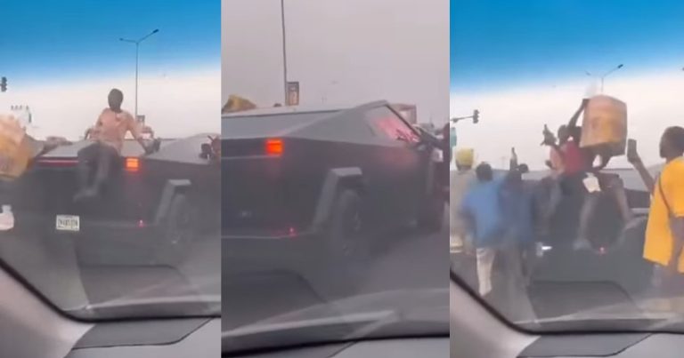 "This is why people drive with kob0ko" – Tongue w@gs as street hawkers hover around a Cyber truck in Lagos traffic (WATCH)