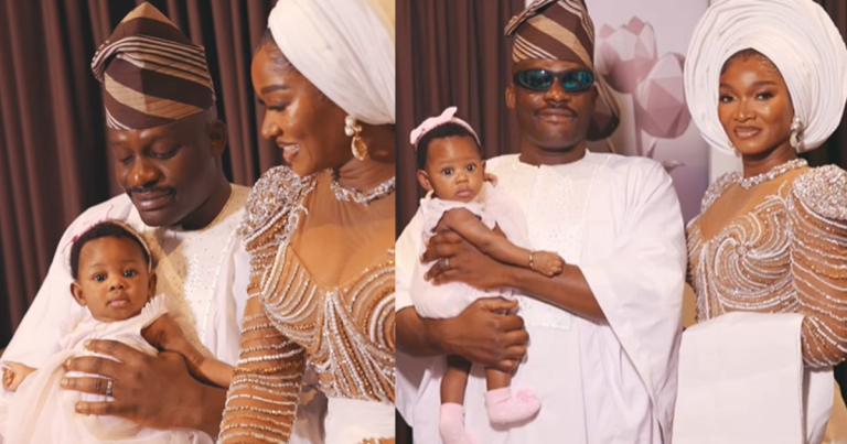 Media personality, Wofai Fada and her husband, Taiwo Cole, joyfully dedicate their daughter in church (WATCH)