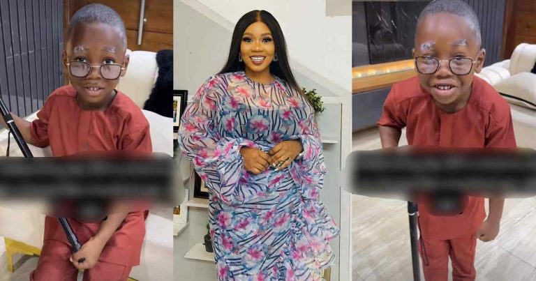 Actress Wumi Toriola dressed her son like a 100-year-old man to celebrate his 100th day in school (WATCH)