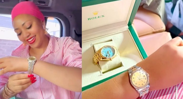 "Easy 30k" – Actress Regina Daniels proudly flaunts her newly acquired Rolex watch (IMAGES)