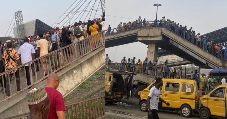 Viral video of massive pedestrian congestion on Oshodi bridge, Lagos sparks reactions (WATCH)