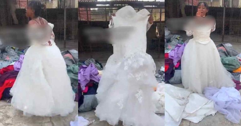 "Wedding gown in okirika. I will never be p00r in my life" – Tongue w@gs as 'Okirika' vendor advertises a wedding gown for ₦8,000 (WATCH)