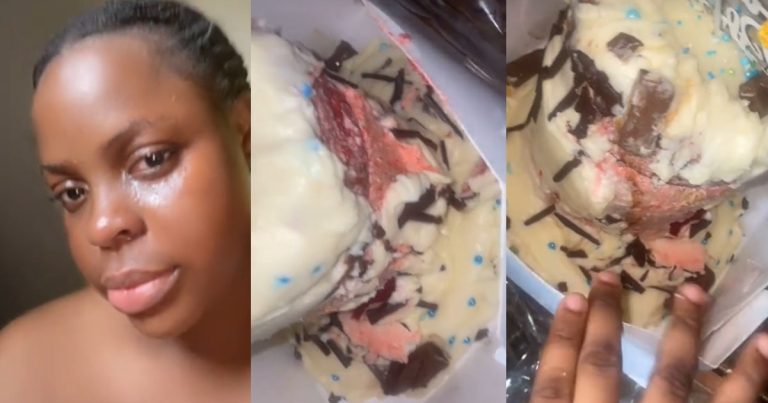 Lady brɘaks down in tɘars after the cake she bought to surprise her boyfriend melted (WATCH)