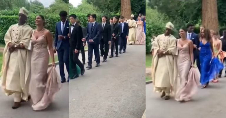 "Everyone looks like they attended his wedding" – Man appears unique, dresses like a 'Yoruba prince' at his school prom in the United Kingdom (WATCH)