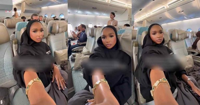 “First and business class sold out so my husband booked me 4 seats in economy instead” – Woman shows off (WATCH) "First and business class sold out so my husband booked me 4 seats in economy instead" – Woman shows off (WATCH)