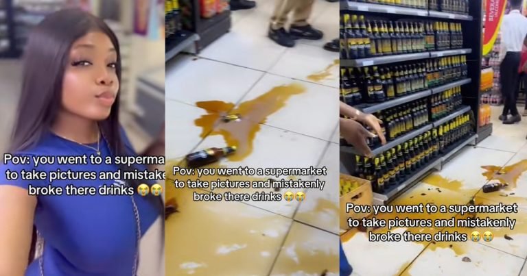 "I asked for the bill immediately" – Lady acc!dentally brǝaks drink bottles while taking selfies at a supermarket (WATCH)