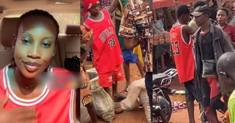 "I no know say na my village people uniform" – Lady feels ashamɘd to see individuals wearing the same matching jersey as her at the village market (VIDEO)