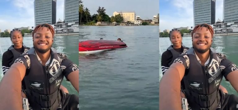 Influencer Rinaboy Riri shares the terrifying and hilarious moment he and TikToker Beauty Goddess fell into the water while riding a Jet ski in Lagos Lagoon (VIDEO)