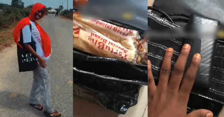 Lady stúnned by her mother's unconventional method of packing after shipping her forgotten power bank with a loaf of bread and groundnuts (WATCH)