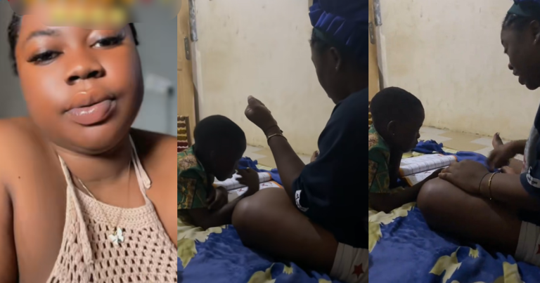 "Motherhood how does it feel" – Lady laughs as she watches her sister disc!pline her niece while helping her with an assignment (WATCH)