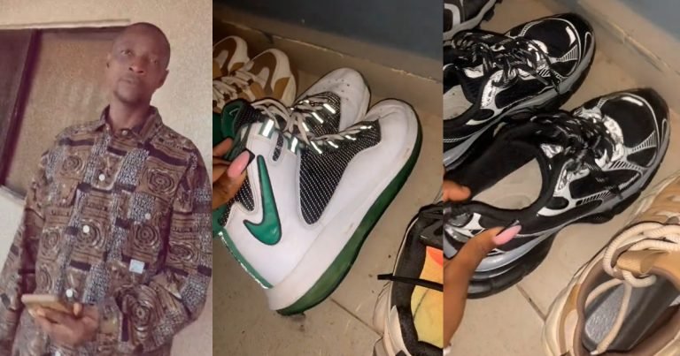 "My dad love wearing shoes" – Lady shows off her dad's expensive collection of shoes (WATCH)