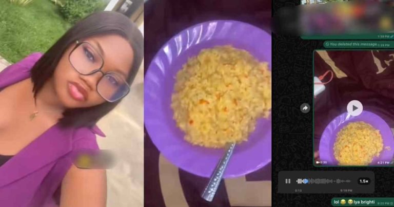 "Nobody knows when you eat with egg, fish and plantain" – Nigerian mum mOcked her daughter after she sent a video of the concoction rice she prepared in school without protein (VIDEO)