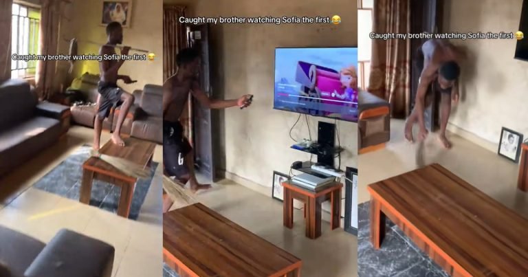 "See pesin wey suppose dey sweep house" – Hilarious moment a lady caught her brother watching a female-inspired cartoon instead of doing his chores (WATCH)