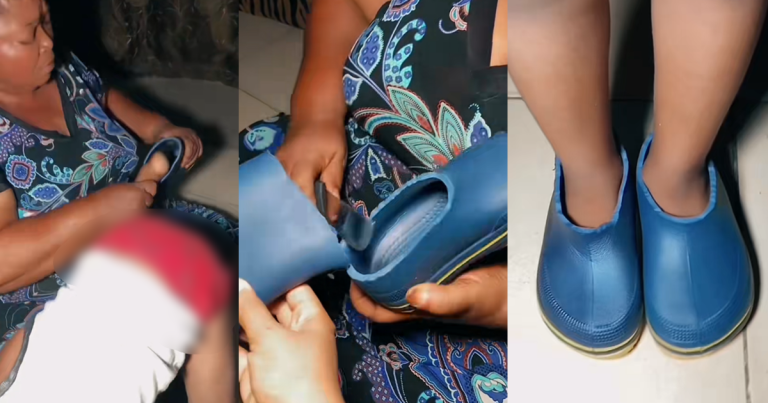 "She said it was better than throwing them away" – Nigerian mum cúts rain boots to fit her son after buying the wrong size (WATCH)