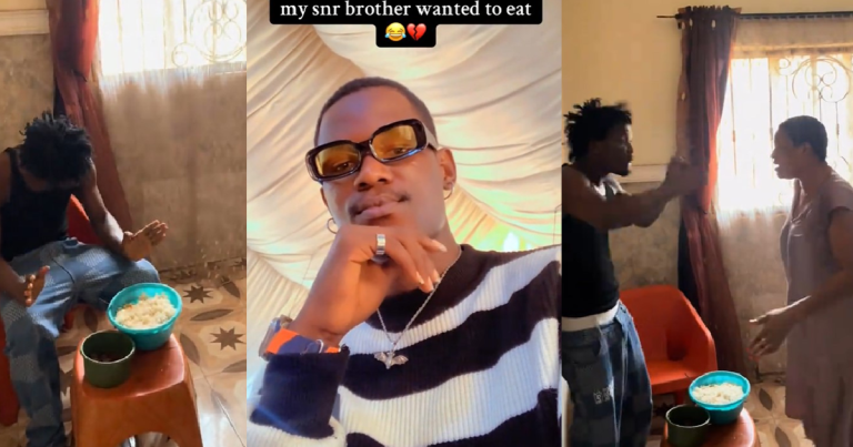 "When she saw the food my snr brother wanted to eat" – Man shows how his mother scolded his brother for serving himself too much food (WATCH)