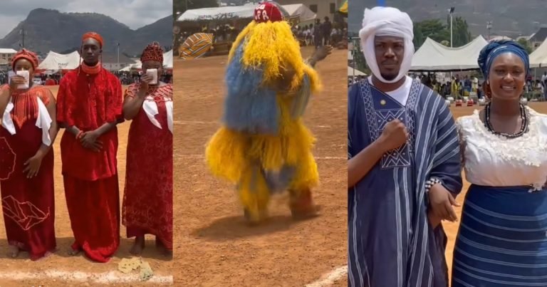 "Why my own things dey always different" – Lady lamɘnts as her boyfriend wears a masquerade costume while his fellow male corpers represent their platoon in royal attire at the NYSC cultural festival (VIDEO)