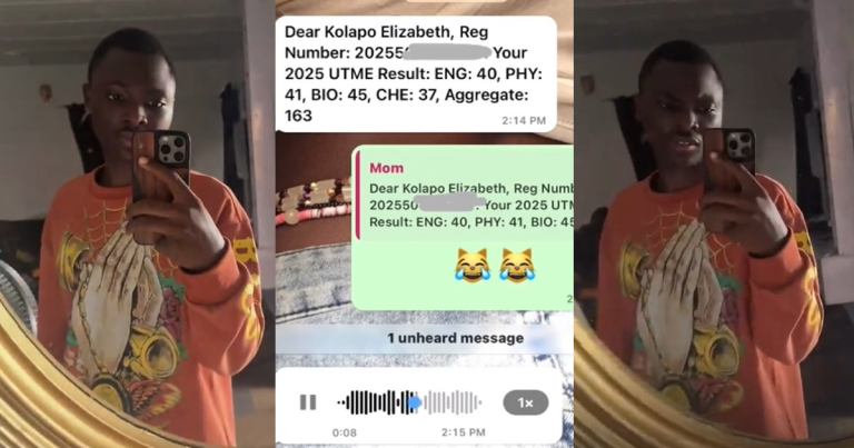 “You said I won’t score more than 6” – Nigerian mum br@gs to her son after scoring 163 in JAMB (WATCH) "You said I won't score more than 6" – Nigerian mum br@gs to her son after scoring 163 in JAMB (WATCH)