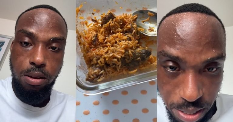 "But it was too good to stop" – Man sweats excessively as he savors his mum's spicy jollof rice (WATCH)