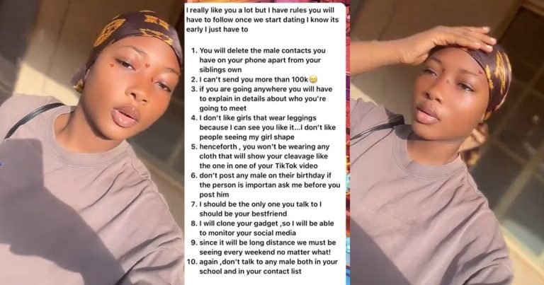 "Don't talk to any male both in your school and your contact list" – Lady shares the '10 commandments' her talking stage from TikTok wants her to follow when they begin dating (WATCH)