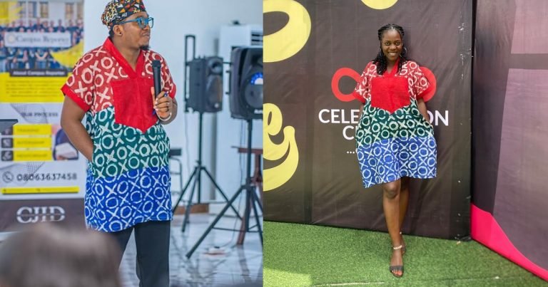 "In the spirit of carrying her everywhere I go" – Man wears his wife's gown to a public speaking event (IMAGES)