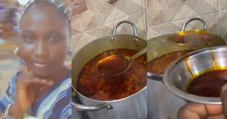 Lady sh0cked to discover the amount of cooking oil in the soup her husband made after she had bǝgged him to cook (VIDEO)