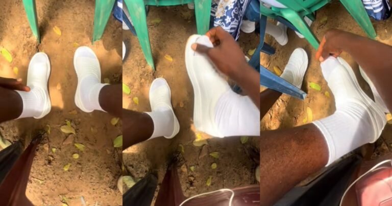 “Let my feet breathe” – Corp member cúts footwear for comfort due to his ‘gigantic feet’ (VIDEO) "Let my feet breathe" – Corp member cúts footwear for comfort due to his 'gigantic feet' (VIDEO)