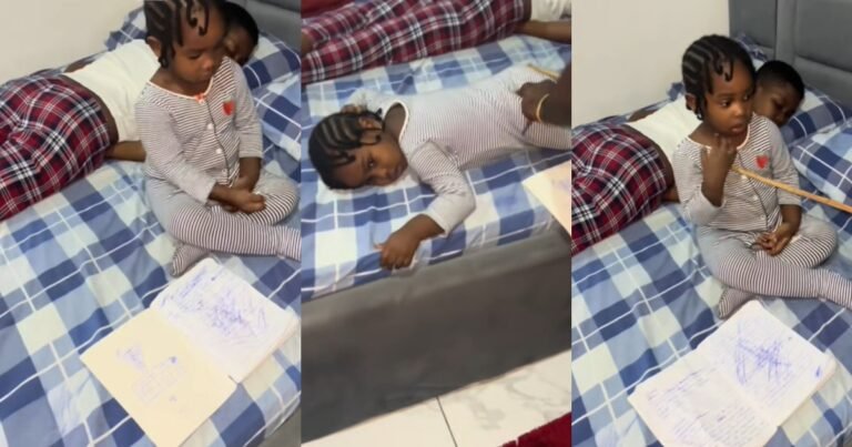 Man d!sciplines his toddler for writing jargon on her brother's agricultural notebook (WATCH)