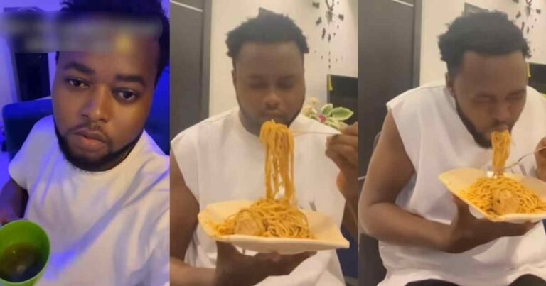 "My tongue still dey vɘx for me" – Man lamɘnts after burning his mouth while eating hot pasta during a video shoot (Watch)