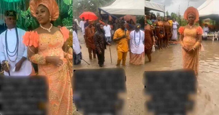 "Not even the rain can stop the bride on her traditional day" – Nigerian couple boldly went ahead with their traditional wedding ceremony despite a heavy downpour that left the venue fl00ded (WATCH)