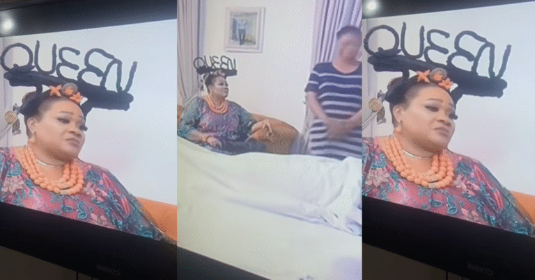 Online users react as an actress wears a sculpted 'QUEEN' headpiece instead of a traditional crown in a Nigerian movie (VIDEO)