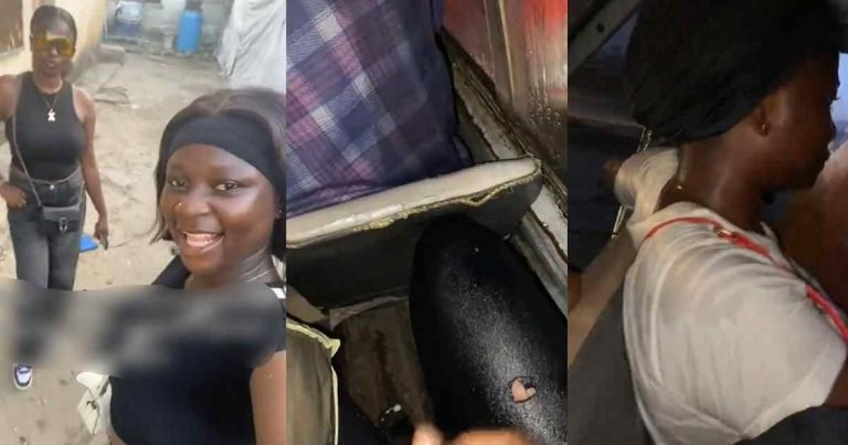 "Rain bǝat us no be small" – Lady and her friend drenched in a Lagos danfo during a heavy downpour at night (WATCH)