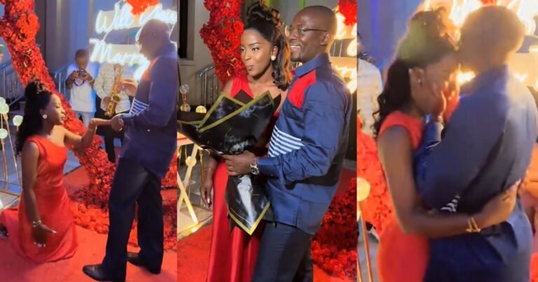 Video of a lady kneeling to receive her engagement ring from her partner at their proposal stirs mixed reactions online (VIDEO) Video of a lady kneeling to receive her engagement ring from her partner at their proposal stirs mixed reactions online (VIDEO)