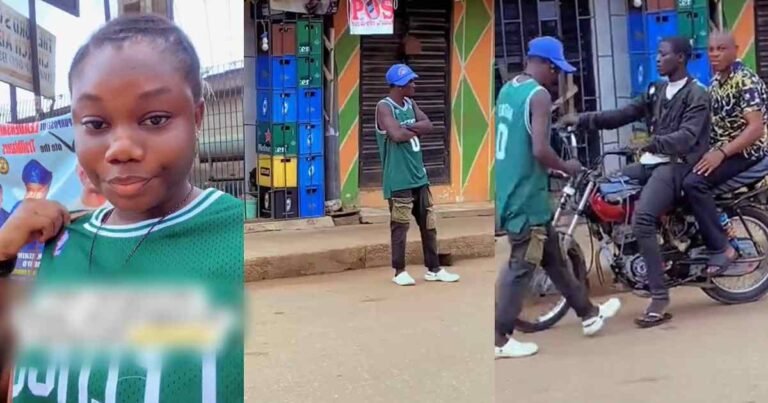 Lady stúnned after realizing she wore a matching jersey with an 'agbero' at the bus stop (WATCH)