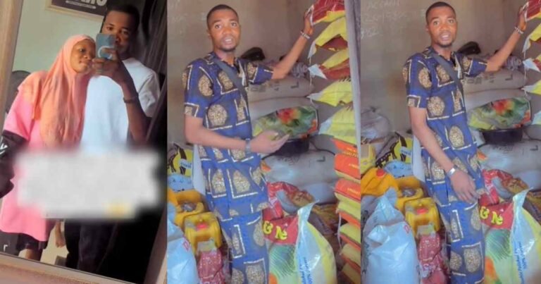 Man receives backl@sh from his younger sister for trying to sell a bag of rice at their mum's shop at a lower price (VIDEO)