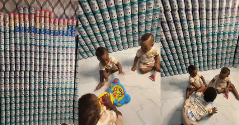 Nigerian mum shows off the large quantity of baby food her triplets consumed in their first year as they turn one (WATCH)