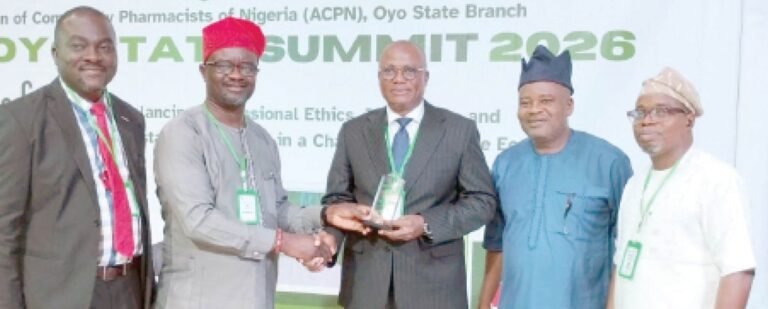 From Left, Pharm. Adebayo Gbadamosi, Pharm. Ambrose Ezeh, Pharm. Rilwan Subair, Prince Wale Oladigbolu and Pharm Adedayo Akala during the summit, recently in Ibadan.