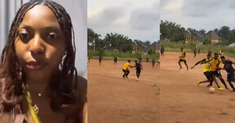 Lady proudly shows off her coursemate who dribbled past two opponents during an interdepartmental football match (Watch)