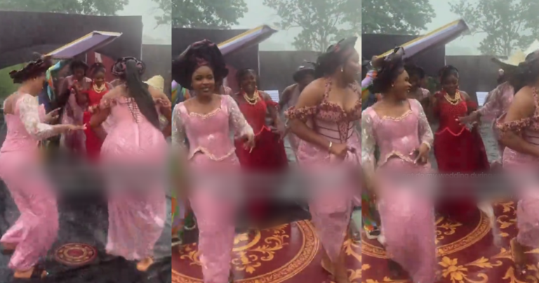Nigerian bride and bridesmaids leave guests stunned as they dance in heavy rain at outdoor wedding (Watch)