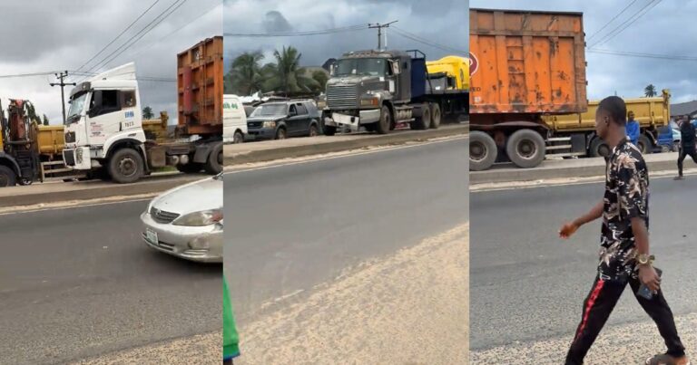 Panic as two heavy trucks drive on pavement to beat gridlock on major road (Watch) Panic as two heavy trucks drive on pavement to beat gridlock on major road (Watch)