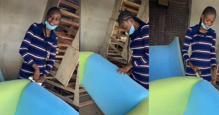 Furniture maker makes his girlfriend work in his workshop to show how hard he works before sending her money (Watch)