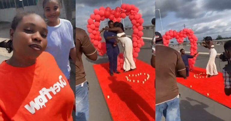 “The girl self no fit say no” – Moment a man proposed to his partner on a bridge in Warri (Watch) "The girl self no fit say no" - Moment a man proposed to his partner on a bridge in Warri (Watch)