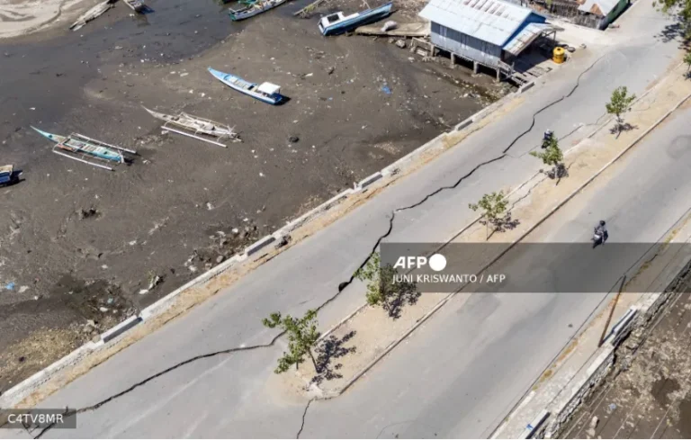 This aerial photo shows cracks in a road in Marapokot, Nagekeo, East Nusa Tenggara, on August 17, 2026, following a 7.7-magnitude earthquake.