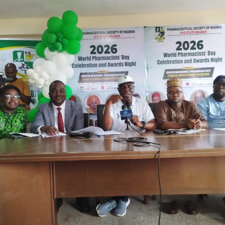 Chairman of the branch, Pharm (Col) Victor Segun Ajanaku (rtd), FPSN, FCAI, and othres during gave during a press briefing ahead of the 2026 World Pharmacists Day celebration